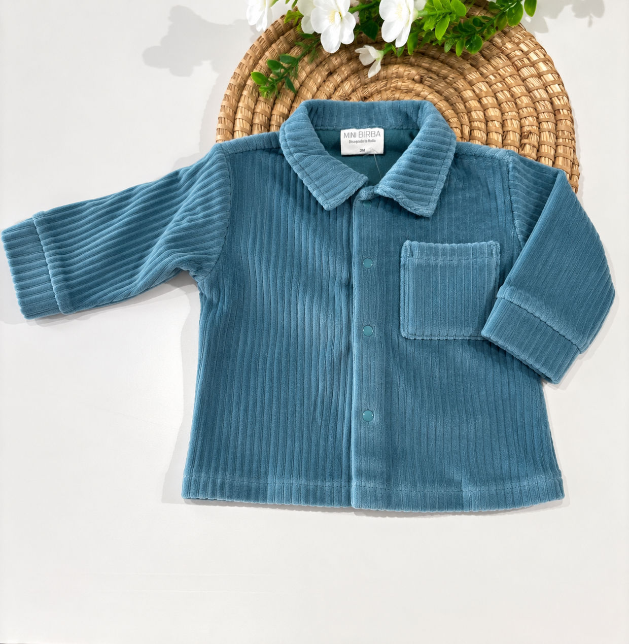 Camicia neonato in velluto a coste verde acqua Mini Birba