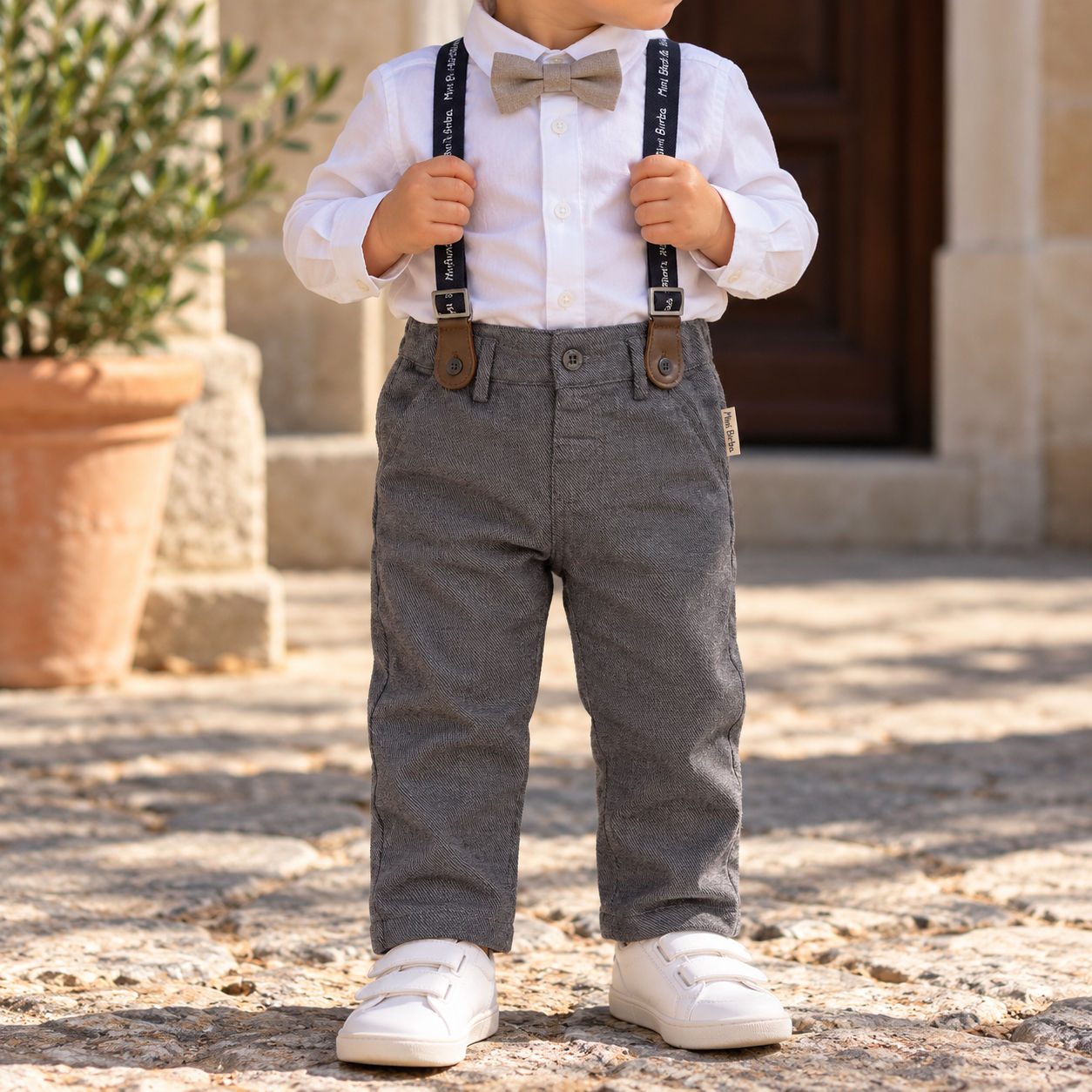 Pantalone bambino Mini Birba in caldo cotone grigio con bretelle
