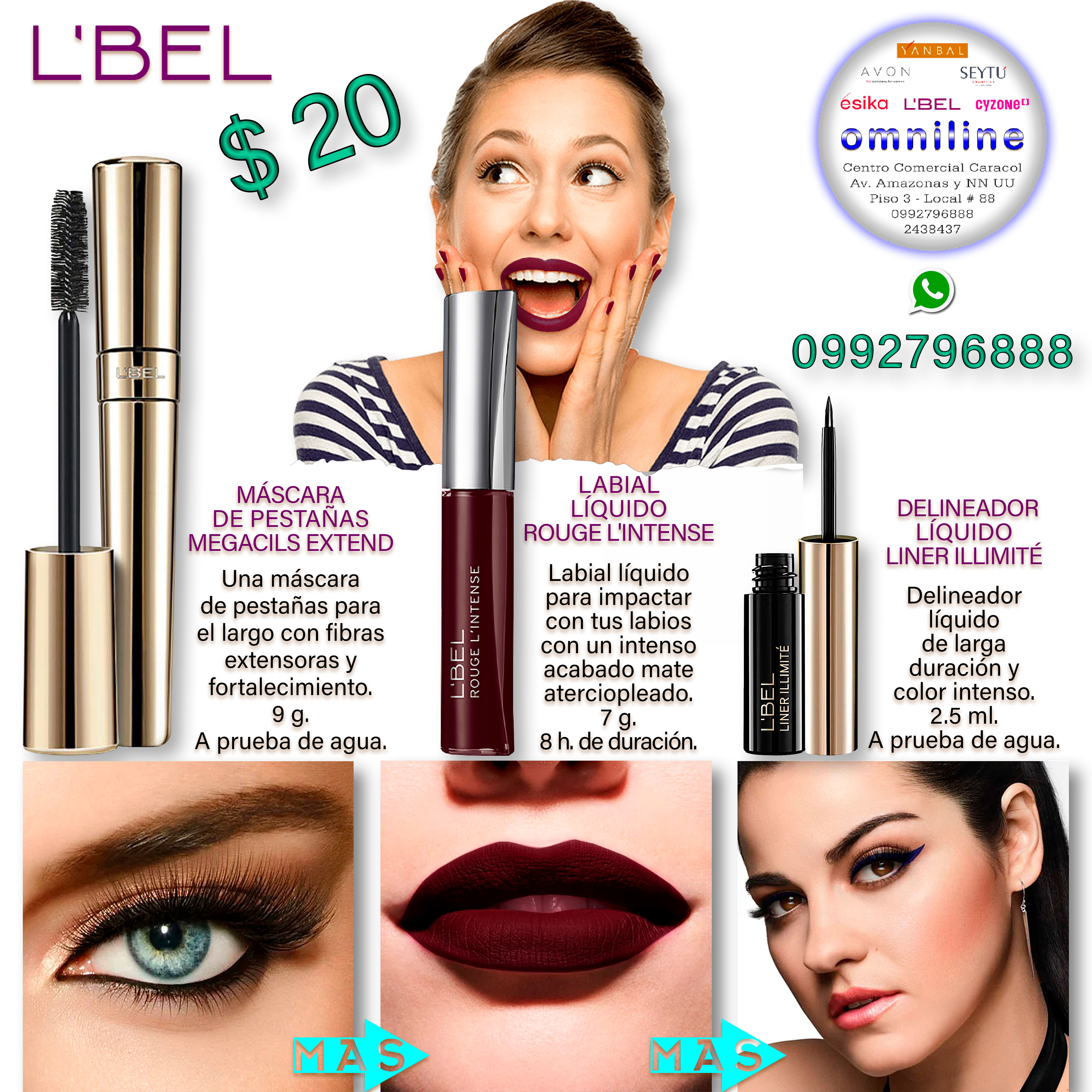 MÁSCARA MEGACILS EXTEND+LABIAL ROUGE INTENSE+DELINEADOR LINER ILLIMITÉ L'BEL