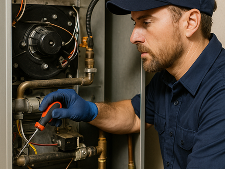 Technician performing furnace repair on a residential heating system