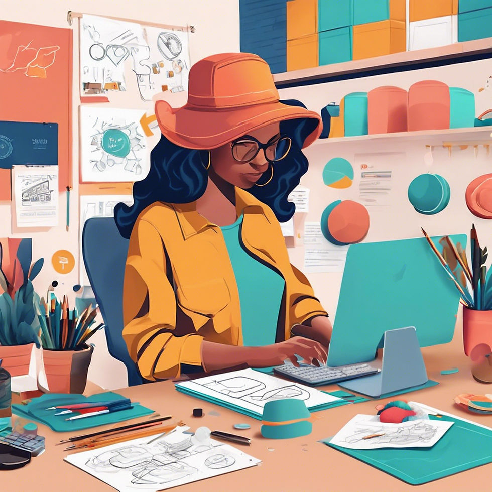 A woman designing hats using her computer