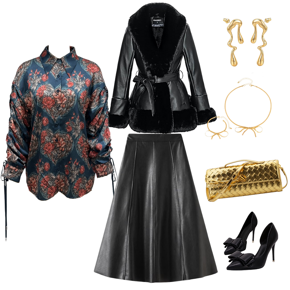 Floral blouse, black leather skirt, faux fur coat, gold earrings, bracelet, purse, and black heels create a chic outfit ensemble.