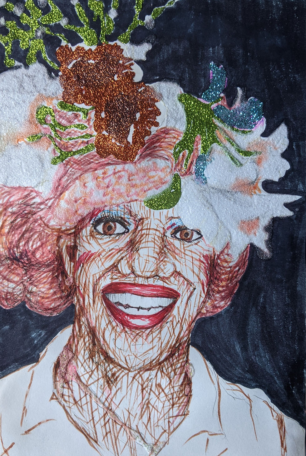 A marker drawing of Marsha P Johnson wearing a flower crown which is decorated with glitter.