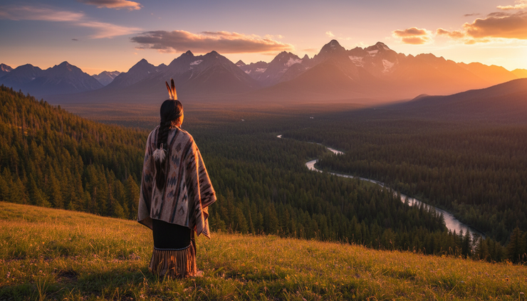 Vista amplia de una persona indígena observando un bosque montañoso al atardecer