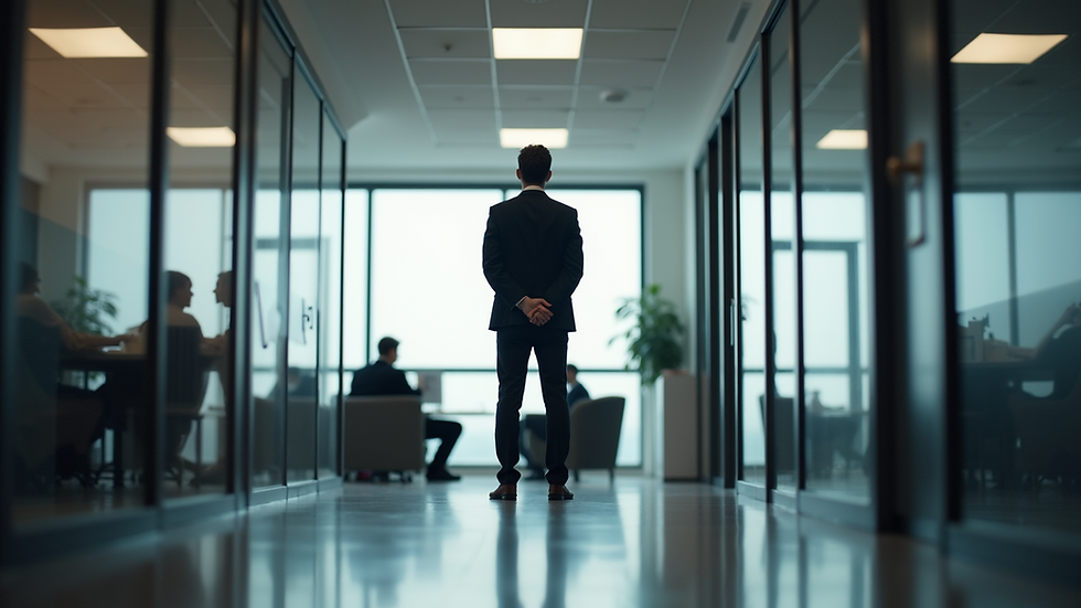 Eye-level view of a professional standing tall in an office space
