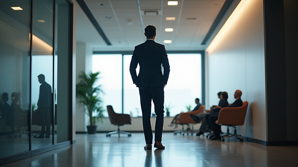 Eye-level view of a professional standing tall in an office environment