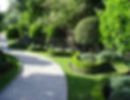 Winding garden path with manicured hedges and trees
