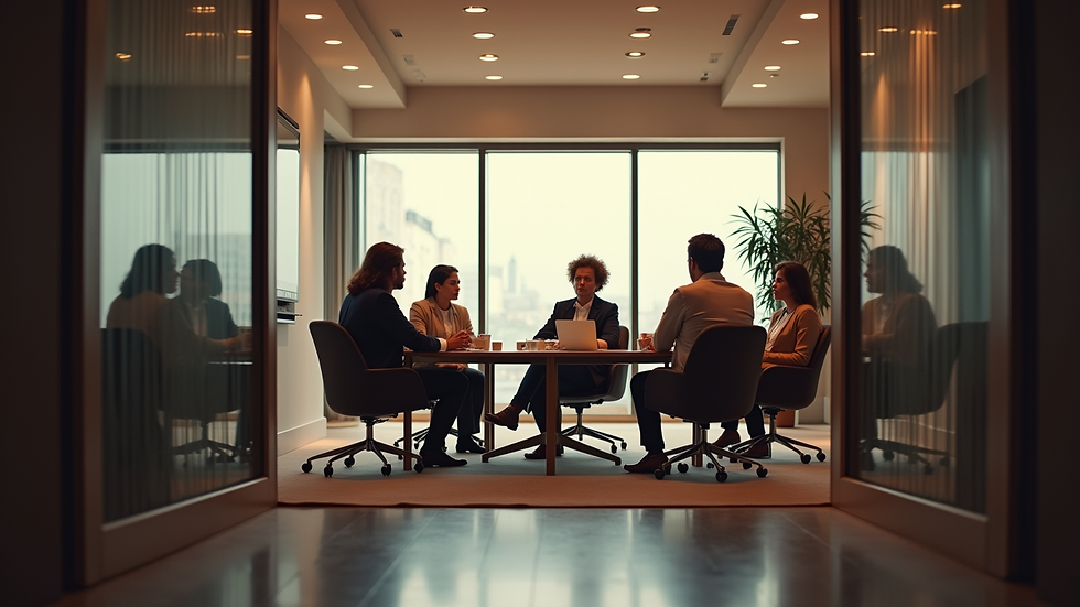 Eye-level view of a cozy meeting room with a small group of people having a discussion