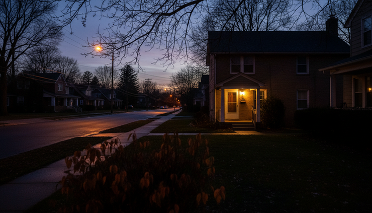 Eye-level view of a single porch light on a dark residential street.