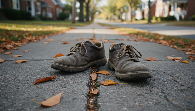 Close-up view of worn walking shoes beside a cracked sidewalk.
