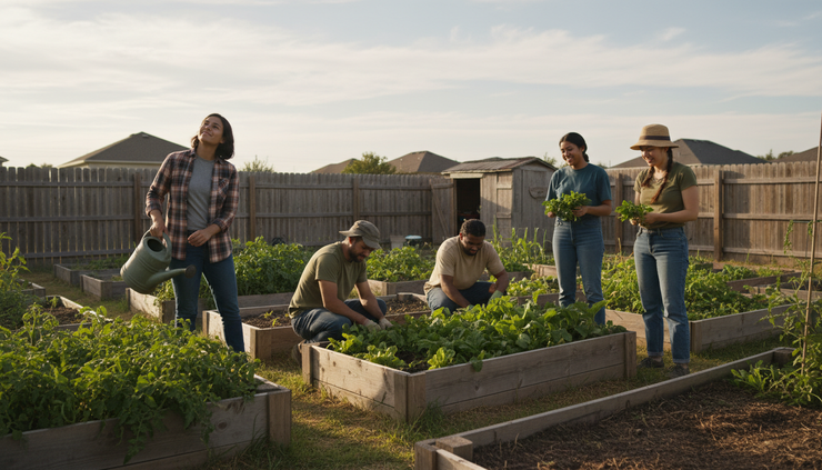 Wide-angle view of neighbors tending a small community garden.