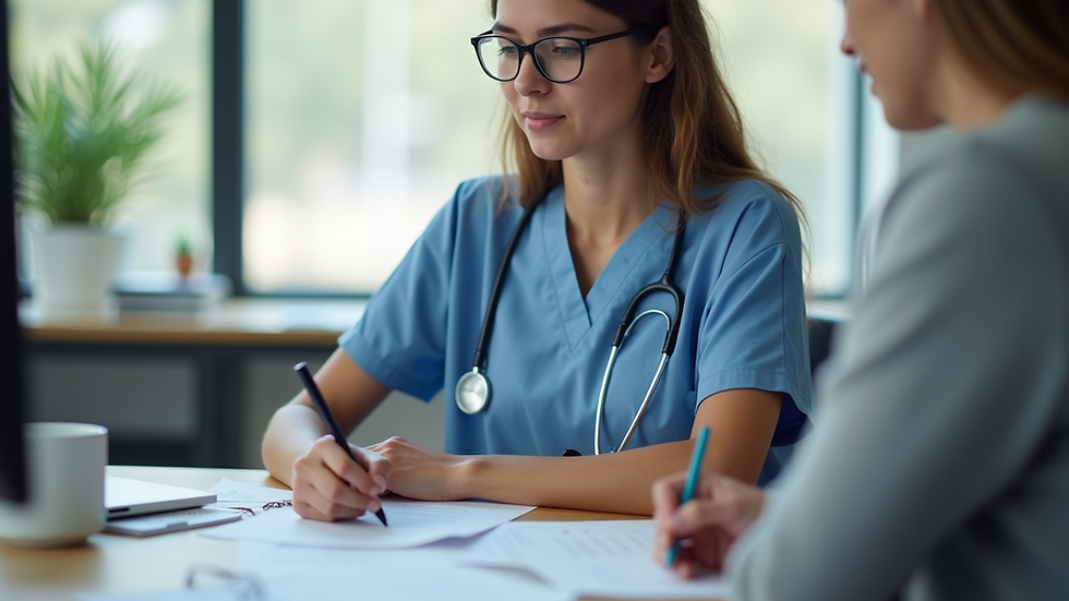Eye-level view of a caregiver reviewing training materials in a quiet office