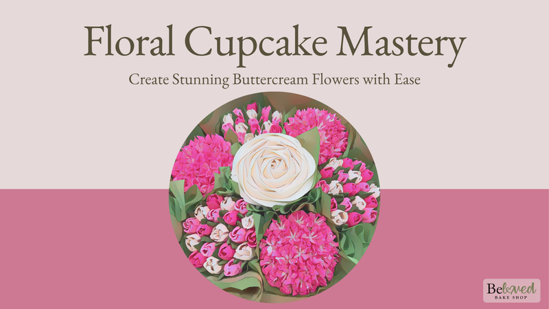 Floral Cupcake Master: Create Stunning Buttercream Flowers with Ease; a bouquet of floral cupcakes with dark pink, light pink, and cream buttercream flowers.