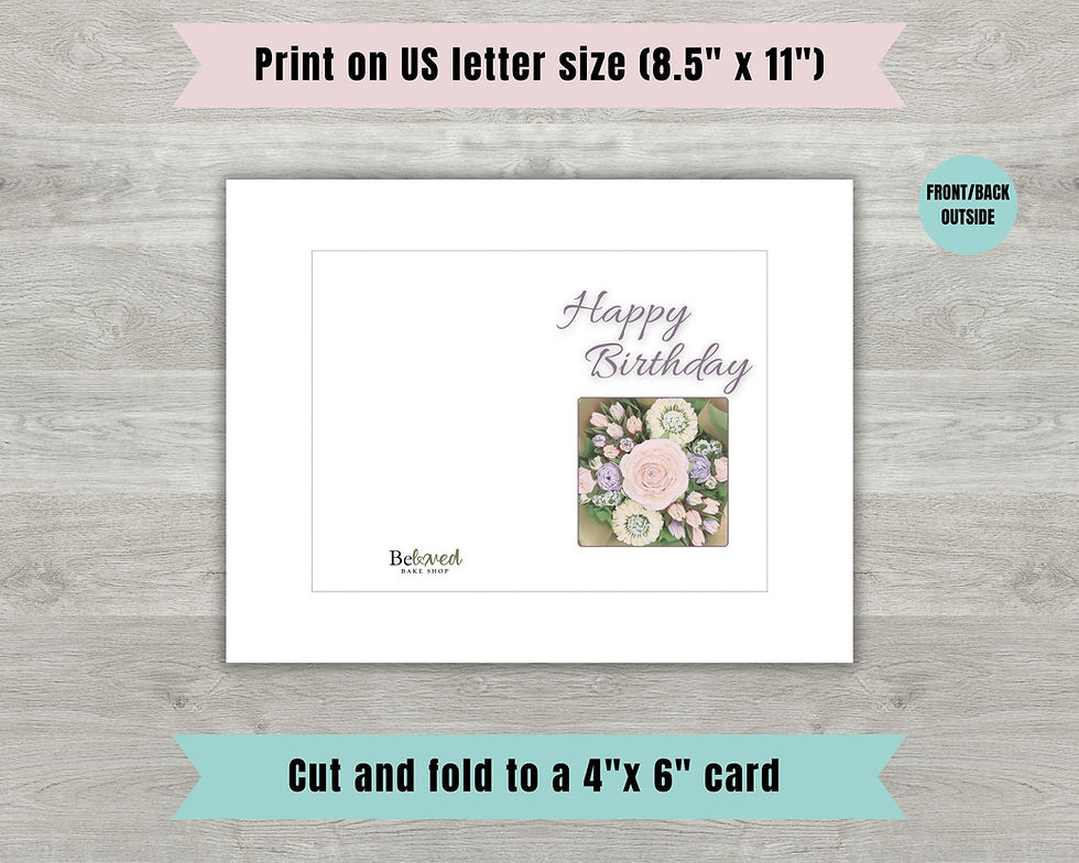 greeting card featuring the words "Happy Birthday" and a lavender, pink, cream and green cupcake bouquet on grey wood
