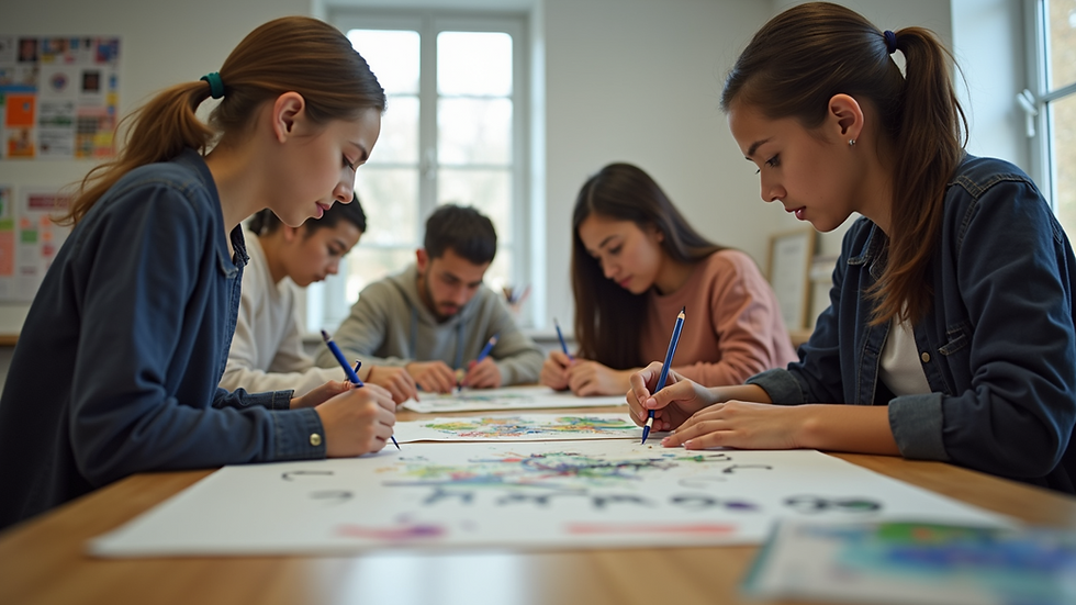 Eye-level view of an art studio showcasing students in creative activities