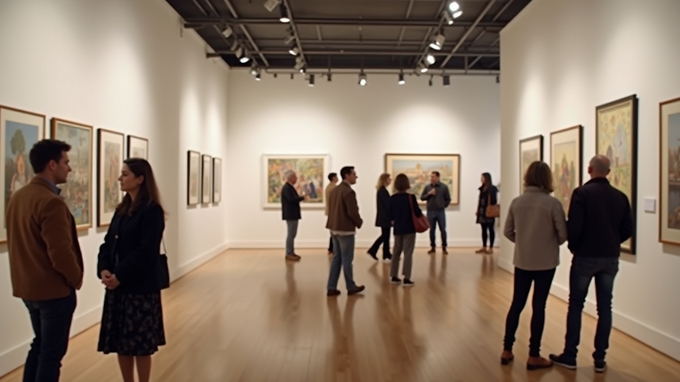 Eye-level view of a community art exhibition featuring diverse artworks