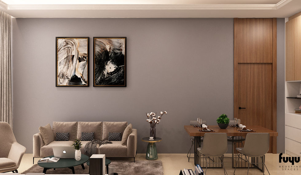 Minimalist living and dining room with a neutral sofa, abstract art, and a wood pocket door in Jack's Residence, Kuala Lumpur, by Fuyu Dezain Sdn Bhd.