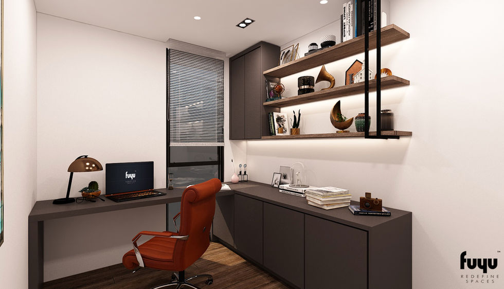 Work-from-home study room with floating shelves and ambient lighting at Clement’s Residence Petaling Jaya