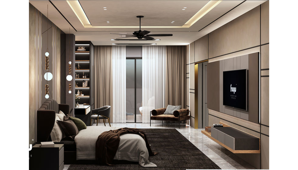 Luxurious master bedroom in Ijok with soft lighting, ceiling fan, and built-in TV wall by Fuyu Dezain