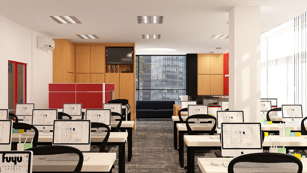 Corporate open-plan office design with white desks, red accents, and wood storage for Rich's Experience Center by Fuyu Dezain.