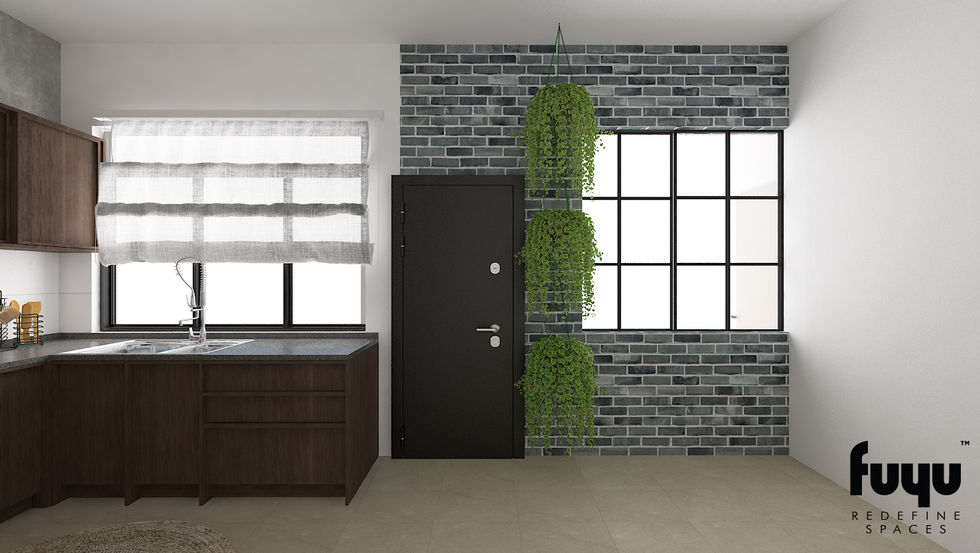 Modern industrial kitchen with dark wood cabinets, gray brick wall, and hanging greenery in Setia Ecohill, Semenyih.