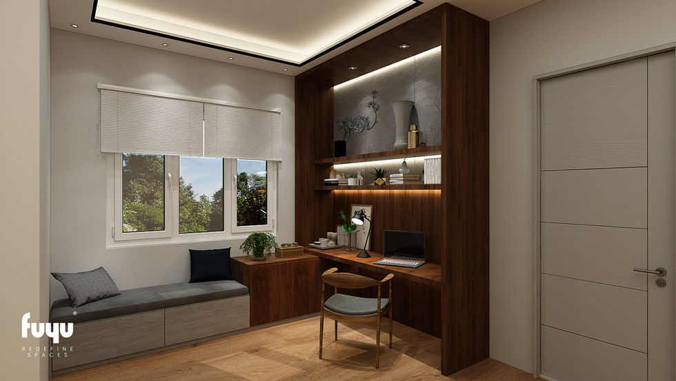 Modern home office in Telok Panglima Garang with built-in wooden desk and cozy window seating by Fuyu Dezain