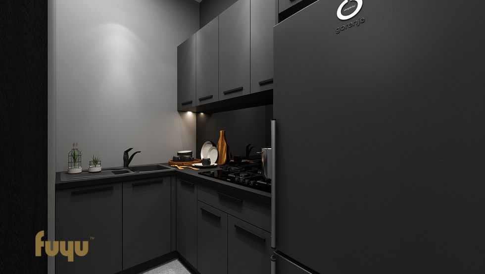 Modern matte-black kitchen with minimalist cabinets and subtle lighting in The Black Studio, Bangsar.