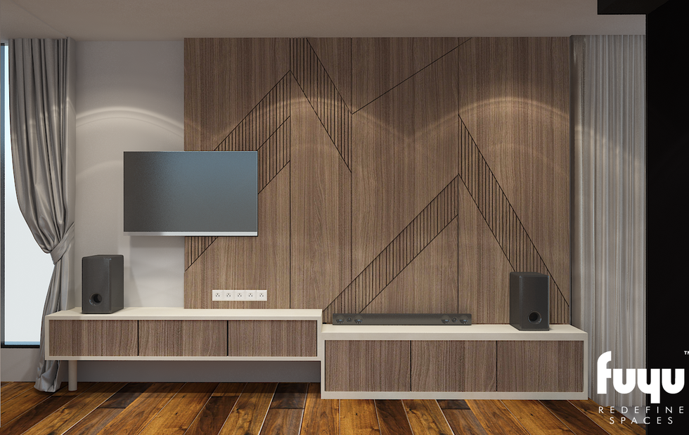 Clean modern TV console design with wood wall paneling and minimalist decor in Bandar Sungai Long home.