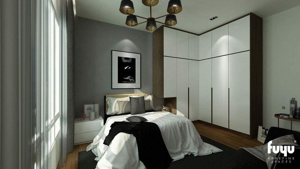A bright, minimalist bedroom rendering for the Desa Green residential project in Seri Kembangan, designed by Fuyu Dezain Sdn Bhd, with white furniture, a black and white bedspread, and a corner closet.
