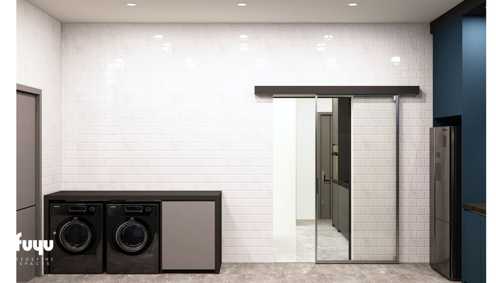 Minimalist laundry area in Ijok with built-in washer and white tiled wall by Fuyu Dezain
