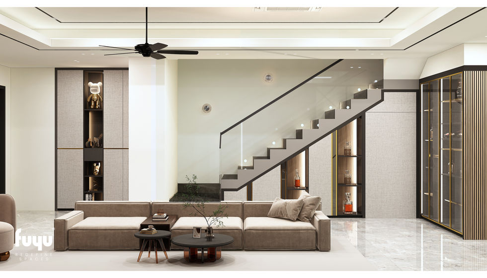 Elegant living area in Ijok with built-in display cabinets and staircase storage design by Fuyu Dezain