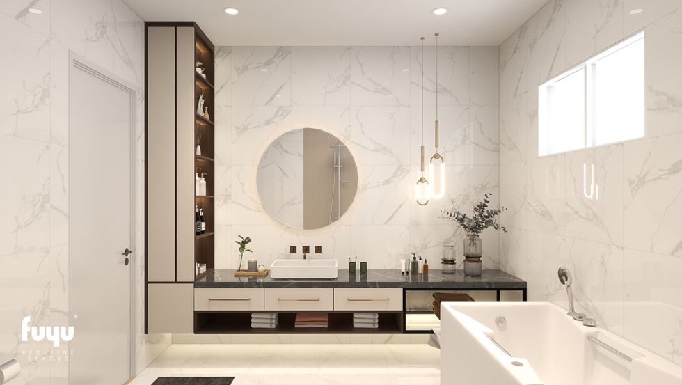 Contemporary bathroom design with round mirror, dual vanity, and marble detailing at Christine’s Residence