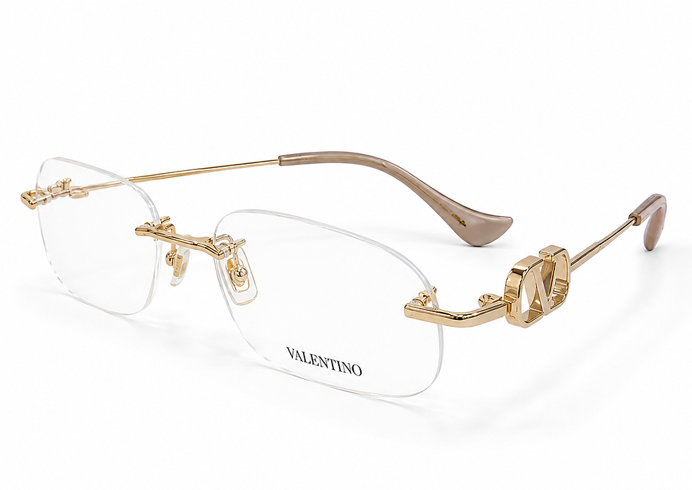 Valentino VG 0034O gold rimless eyeglasses with V-logo temple detail, size 53, at Supreme Optique