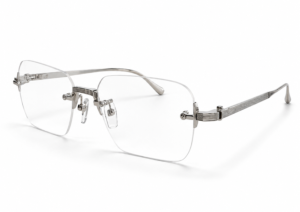 AKONI Juno Four silver rimless eyeglasses with textured temple detail, at Supreme Optique