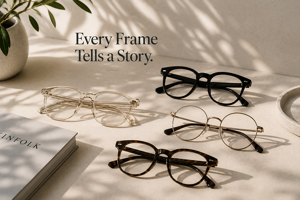 Four different eyeglass frame styles displayed together — clear, black, gold metal round, and tortoiseshell