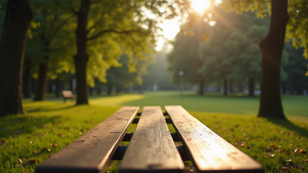 Eye-level view of a serene park with a bench surrounded by trees