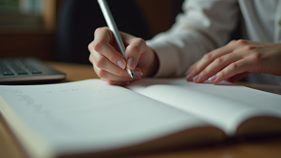 Eye-level view of a person writing in a notebook