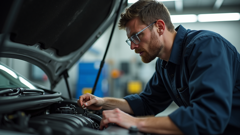 Close-up view of a mechanic inspecting a car engine