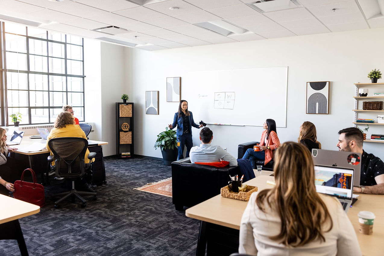 Juliana Scheidhauer presenting and speaking to a group of professionals with a white board