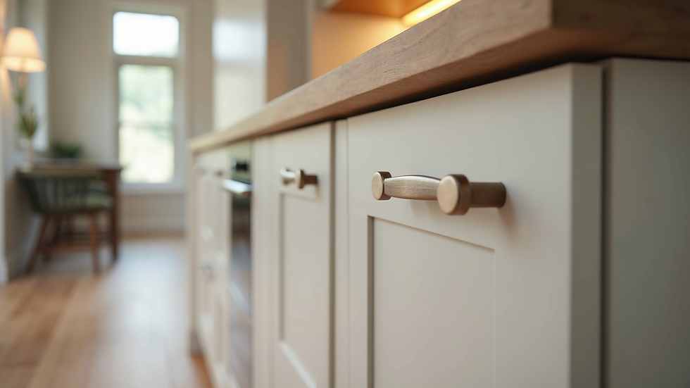 Close-up view of custom kitchen cabinetry with unique handles and lighting