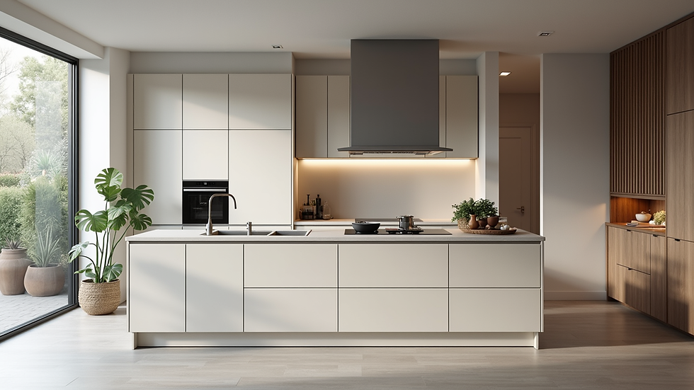 Eye-level view of a modern kitchen with handleless cabinets and a large island