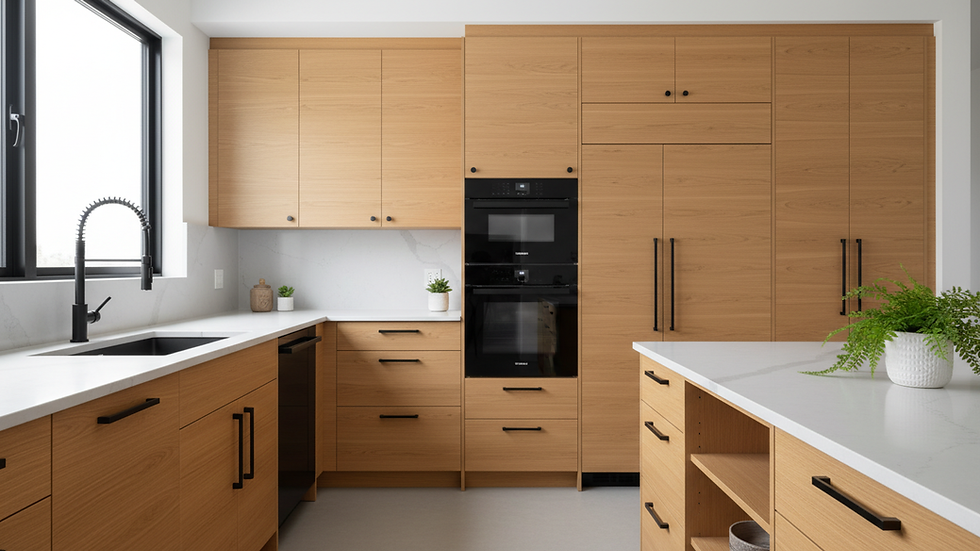 Eye-level view of modern kitchen cabinets with natural wood finish and matte black hardware