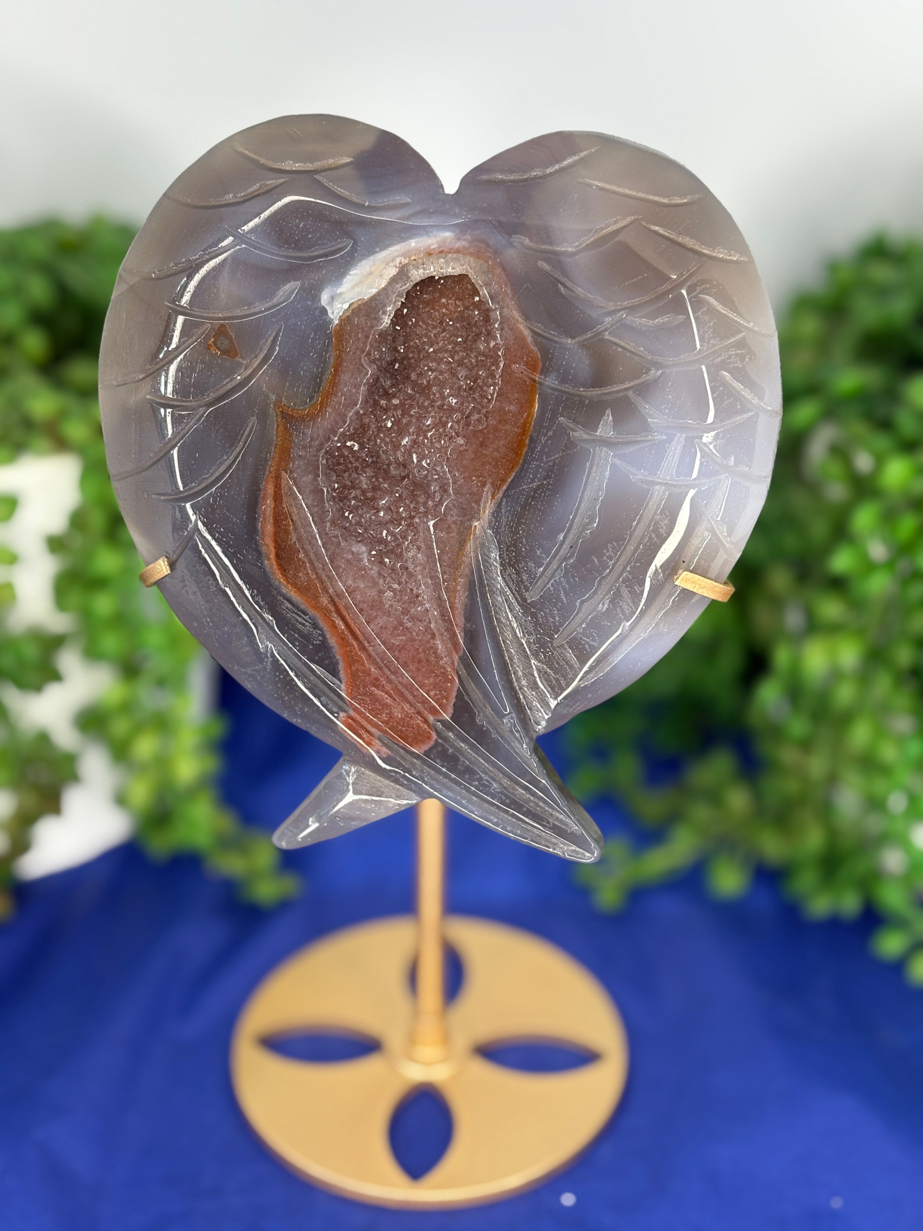Druzy Agate Angel Heart Wings on stand