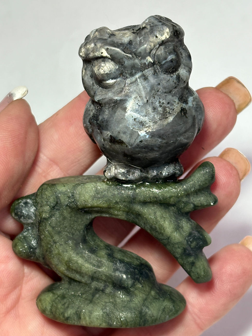 Thumbnail: Larvikite Owl on Jade Branch Carving