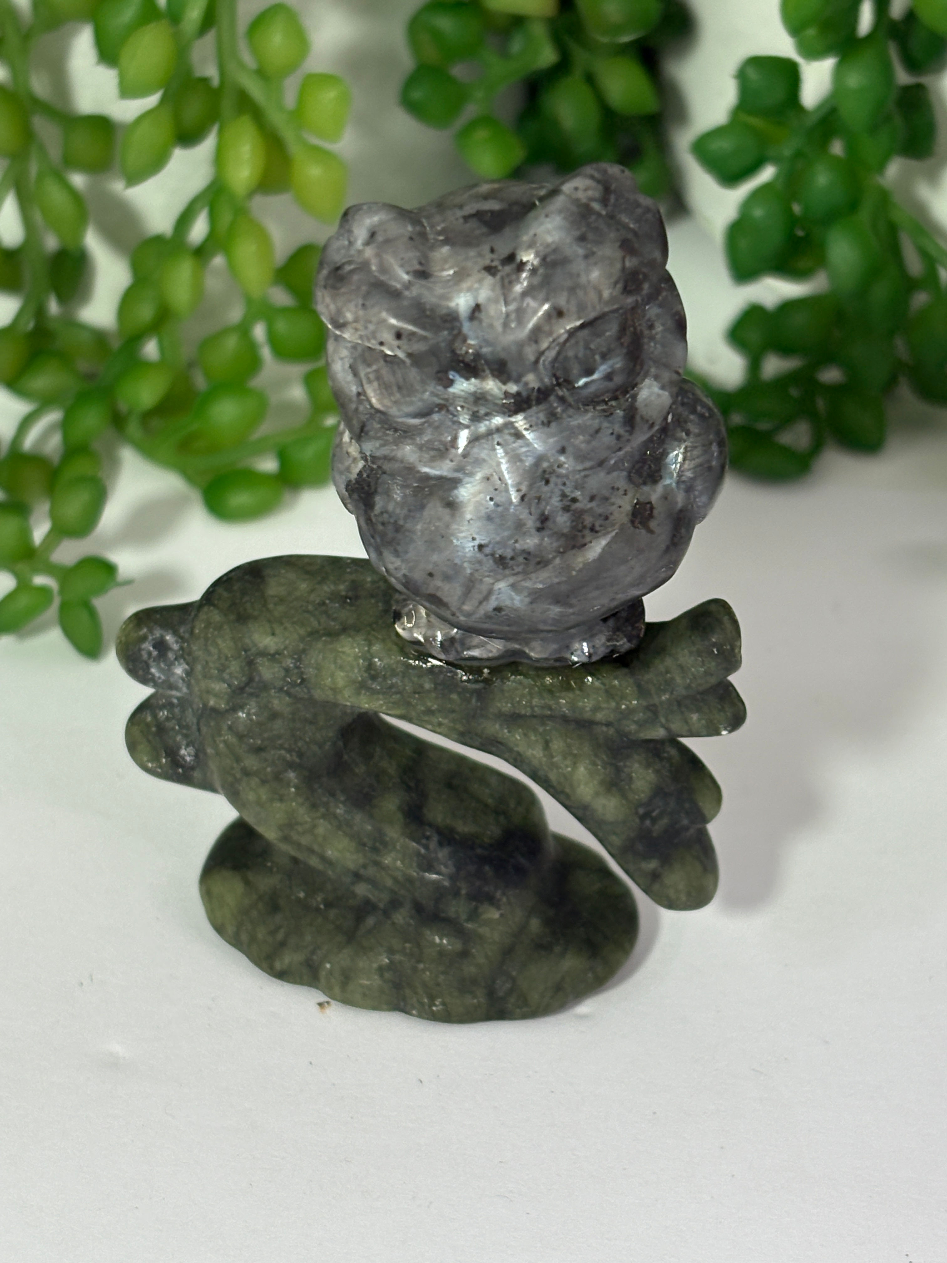 Larvikite Owl on Jade Branch Carving
