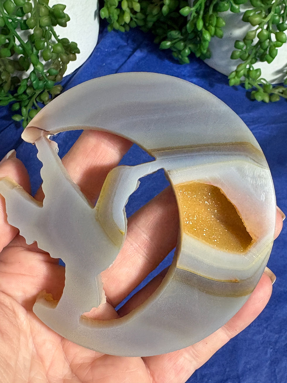 Thumbnail: Druzy Agate Hummingbird and Moon carving on stand