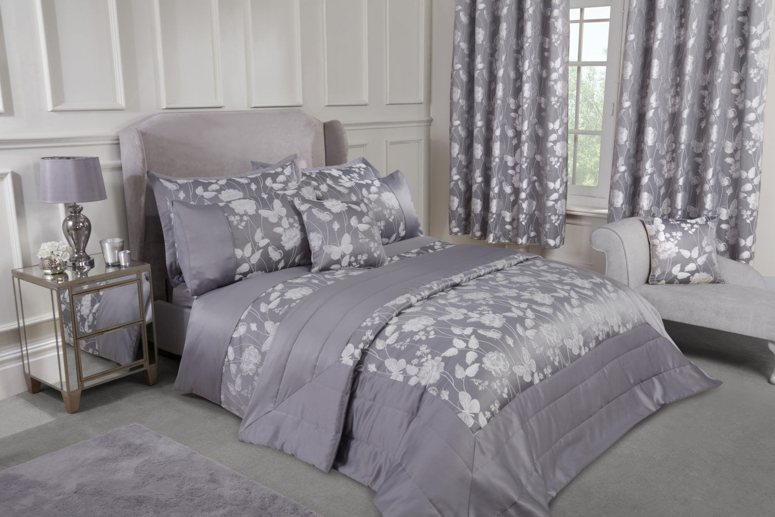 Grey Butterfly Love Quilted Bedspread Set