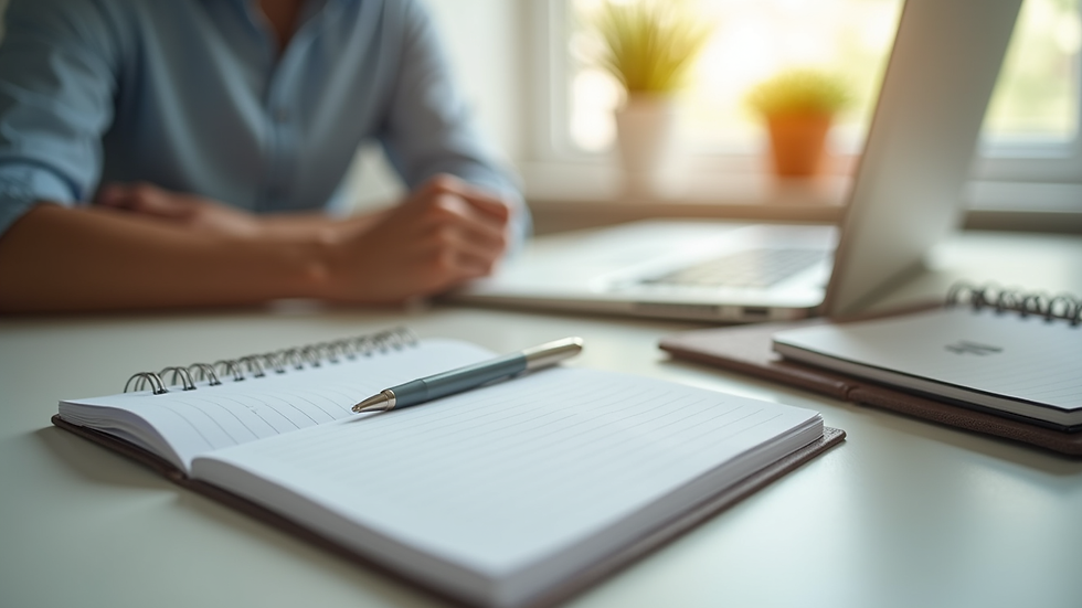 Close-up view of a counselor’s desk with a notebook, pen, and calming decor
