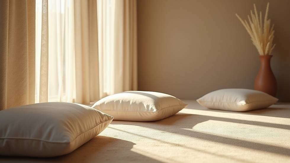 Close-up view of a peaceful meditation corner with cushions and soft natural light