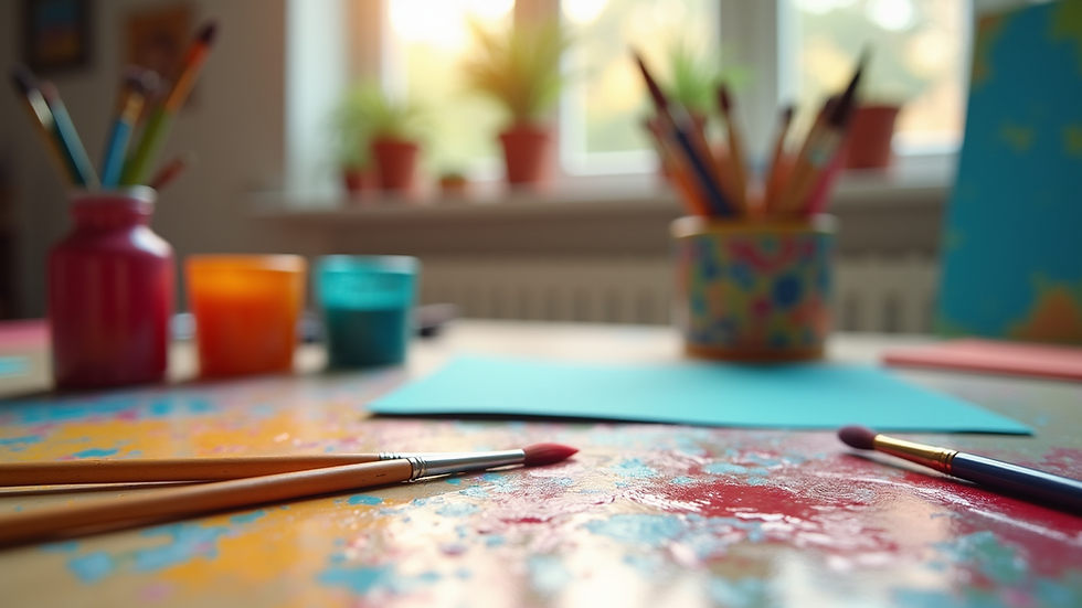 Eye-level view of a colorful art therapy room with paints and brushes